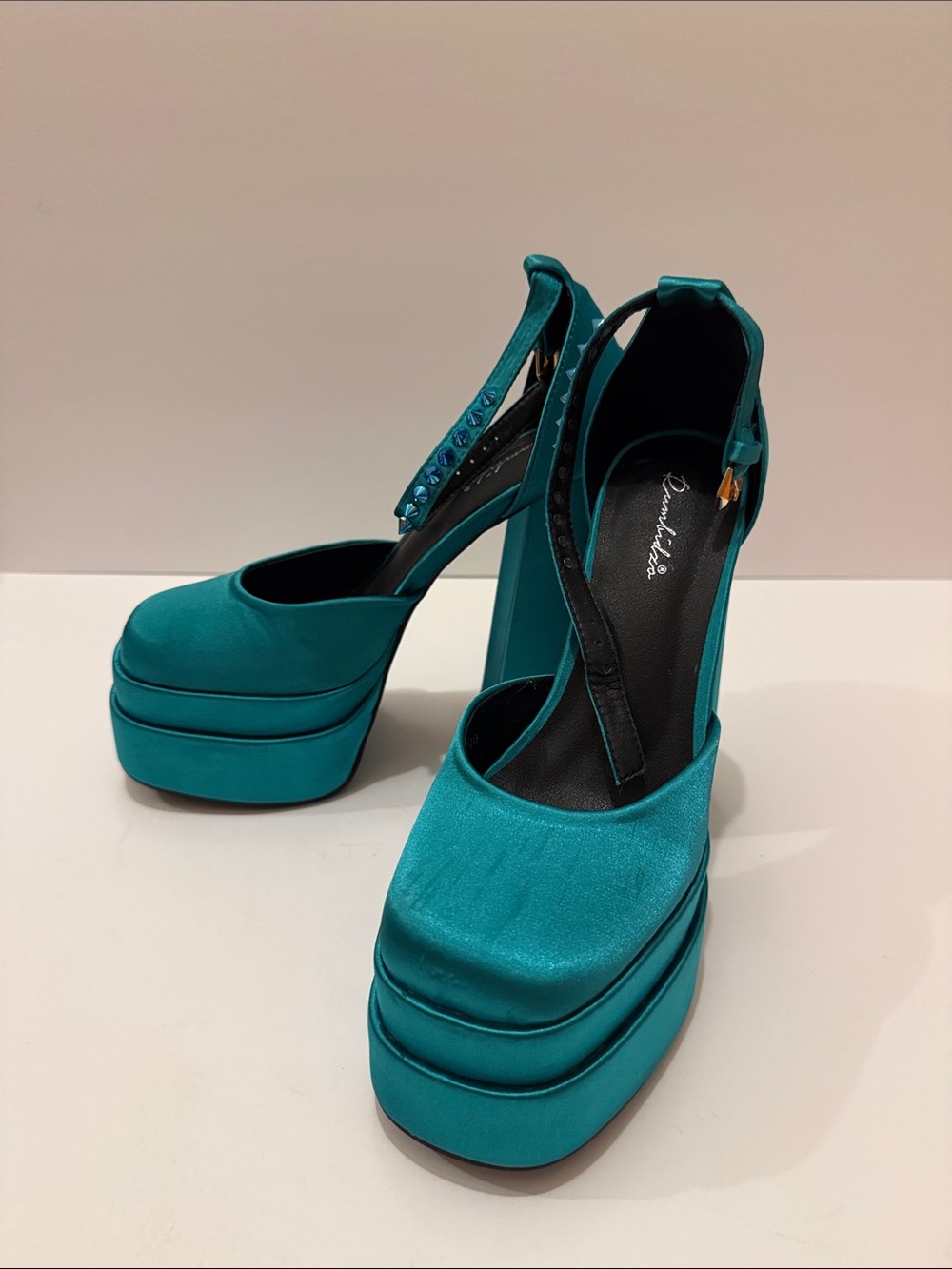 Satin Teal Platform Pumps with Ankle Strap